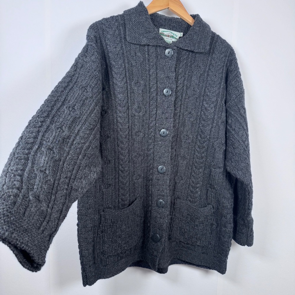 Aran Crafts Irish Wool Chunky Cable Knit Cardigan Women M Gray Fisherman Cottage